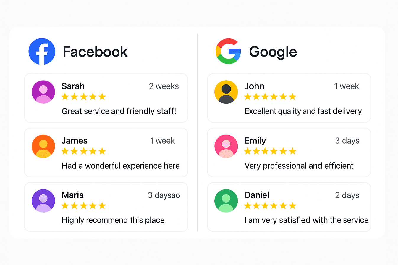 UI mockup showing Facebook and Google reviews displayed side by side on a website