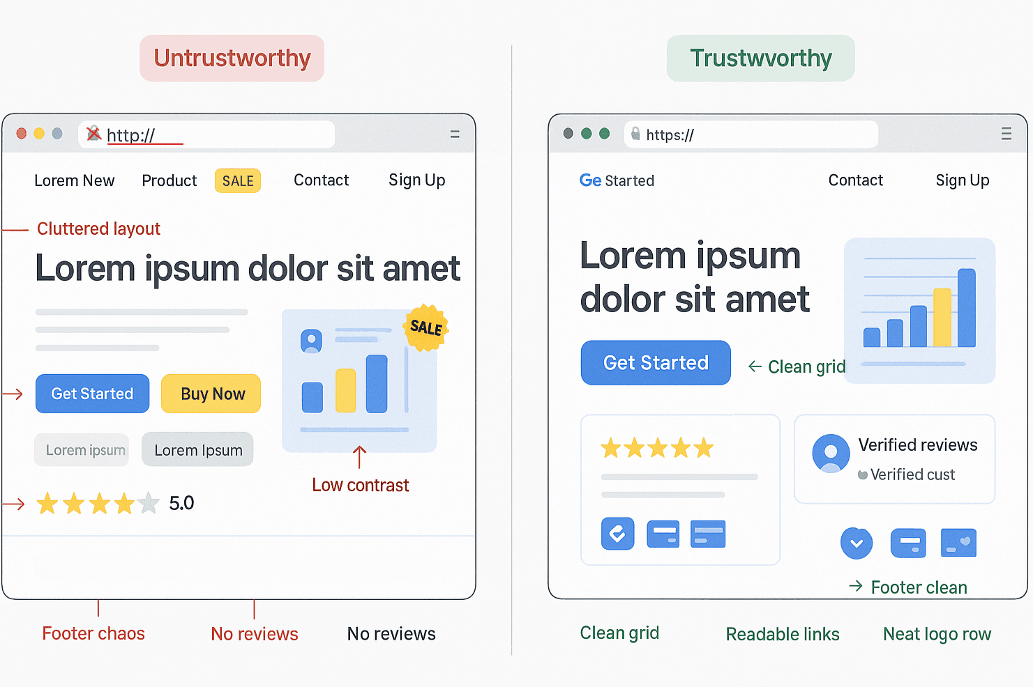 Comparison between a clean professional homepage and a cluttered untrustworthy one