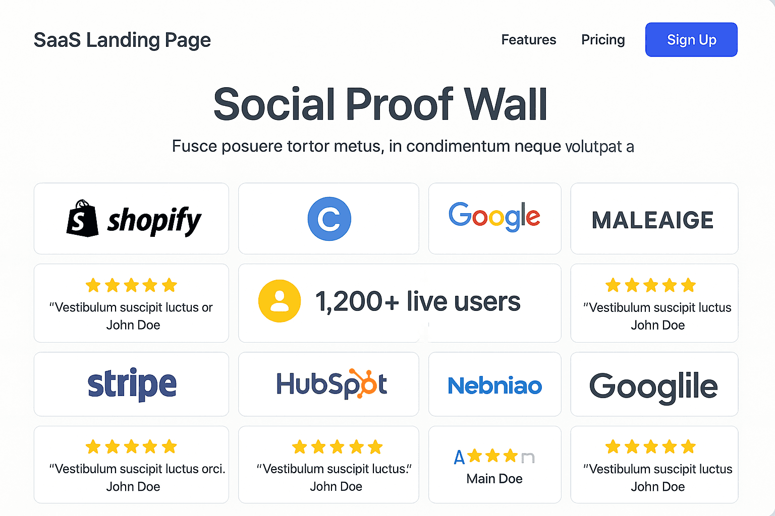 Mockup of a SaaS landing page with a social proof wall combining client logos, counters, and reviews