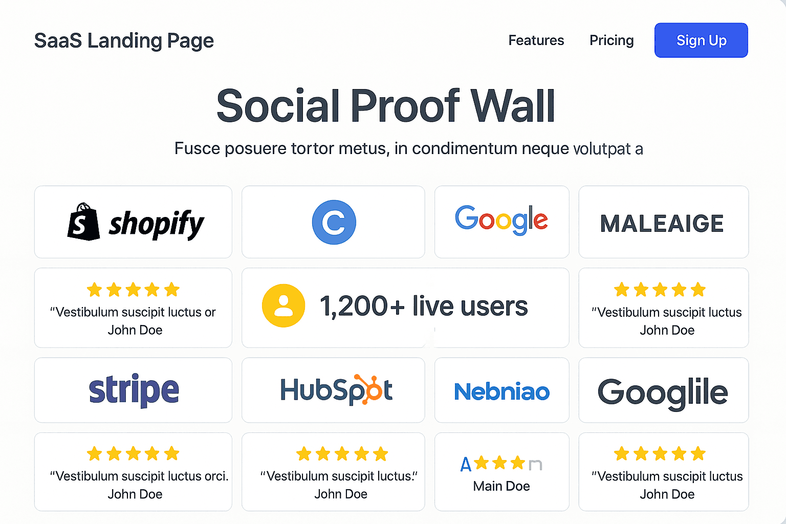 Mockup of a SaaS landing page with a social proof wall combining client logos, counters, and reviews